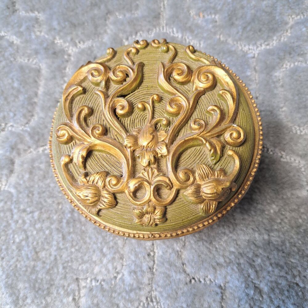 Vtg Victorian Style Trinket Box 5" Gold Green Ornate boudoir vanity table decor